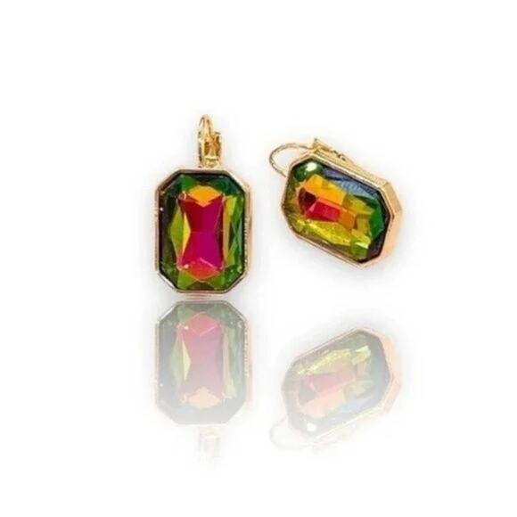 Green Iridescent Crystal Drop Dangle Earrings - Picture 1 of 6